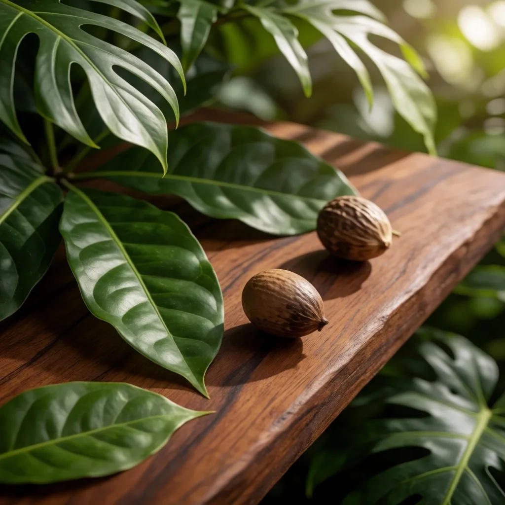 Indonesian botanical leaves on teak