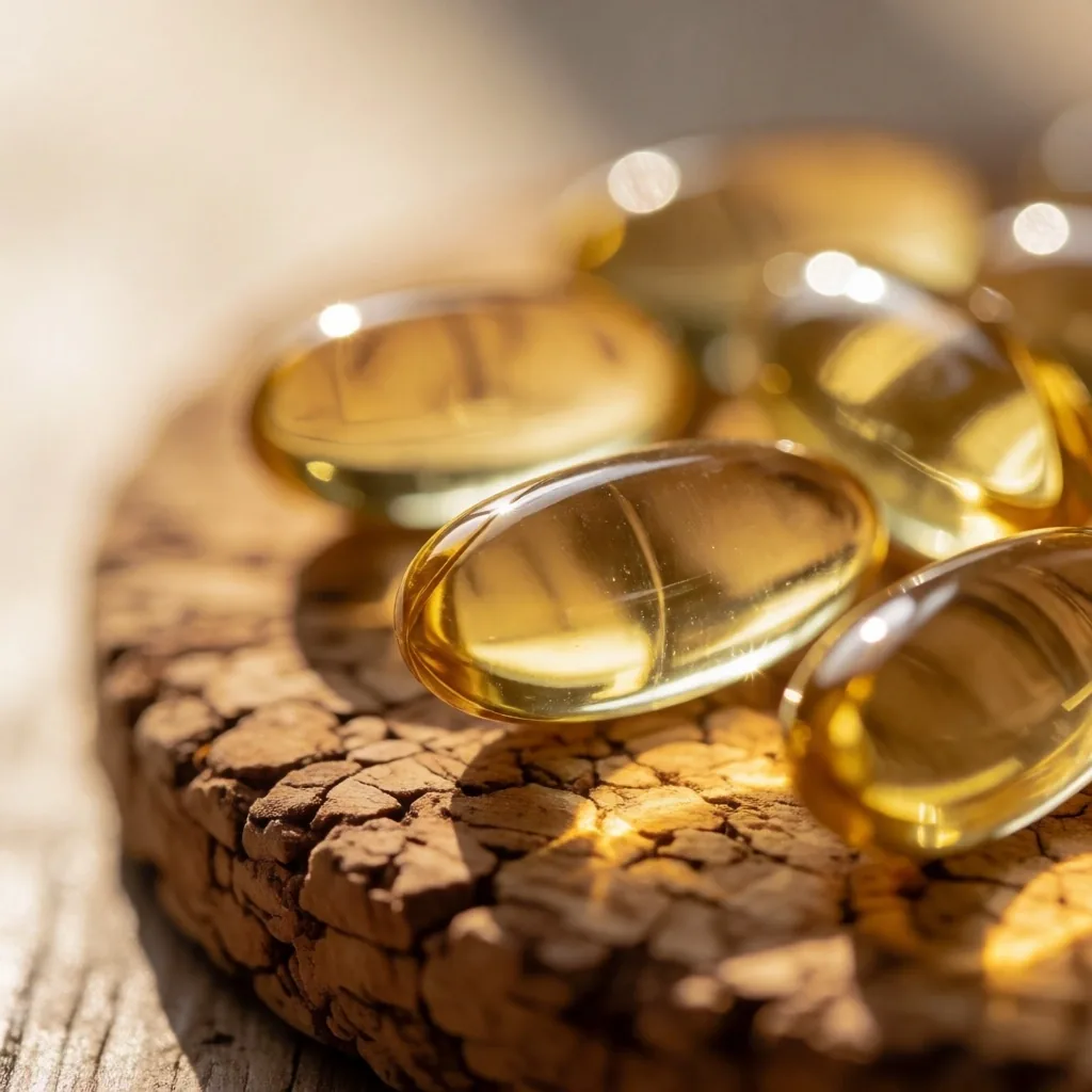 Natural supplement capsules on cork