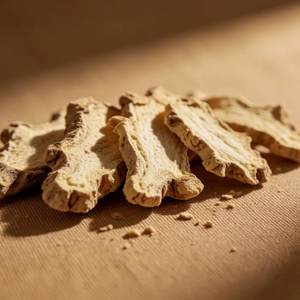 Dried ginger root slices on linen
