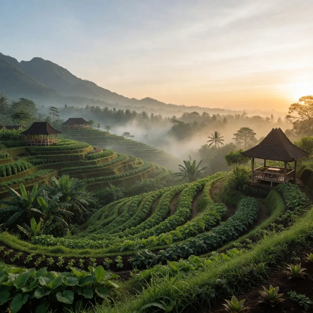 Indonesian highland botanical garden at golden hour