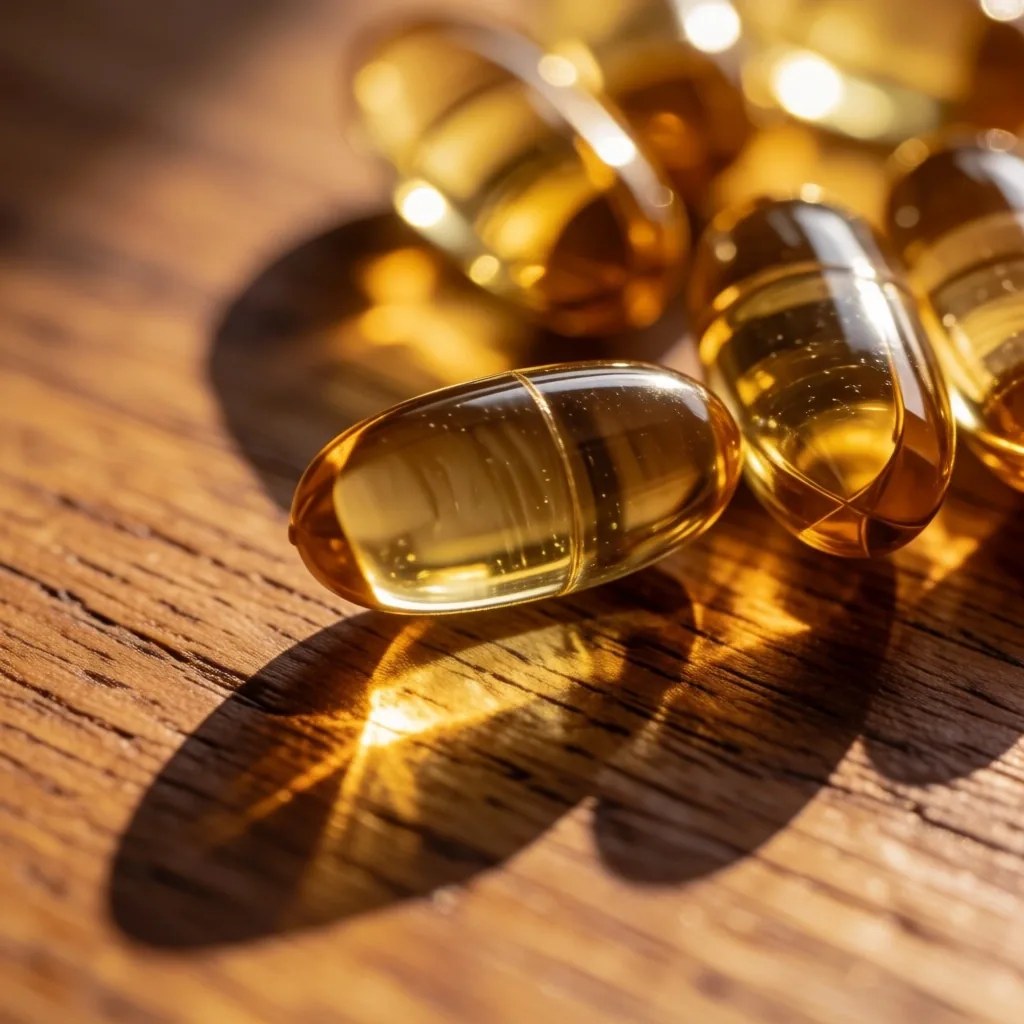 Natural supplement capsules on teak