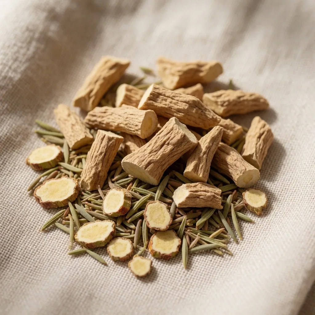 Ashwagandha and Rhodiola roots on linen