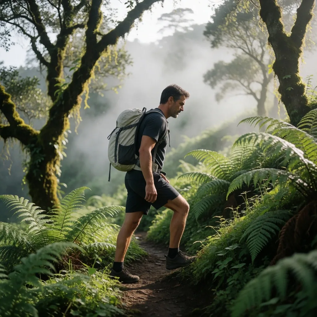 Man hiking on a highland jungle trail