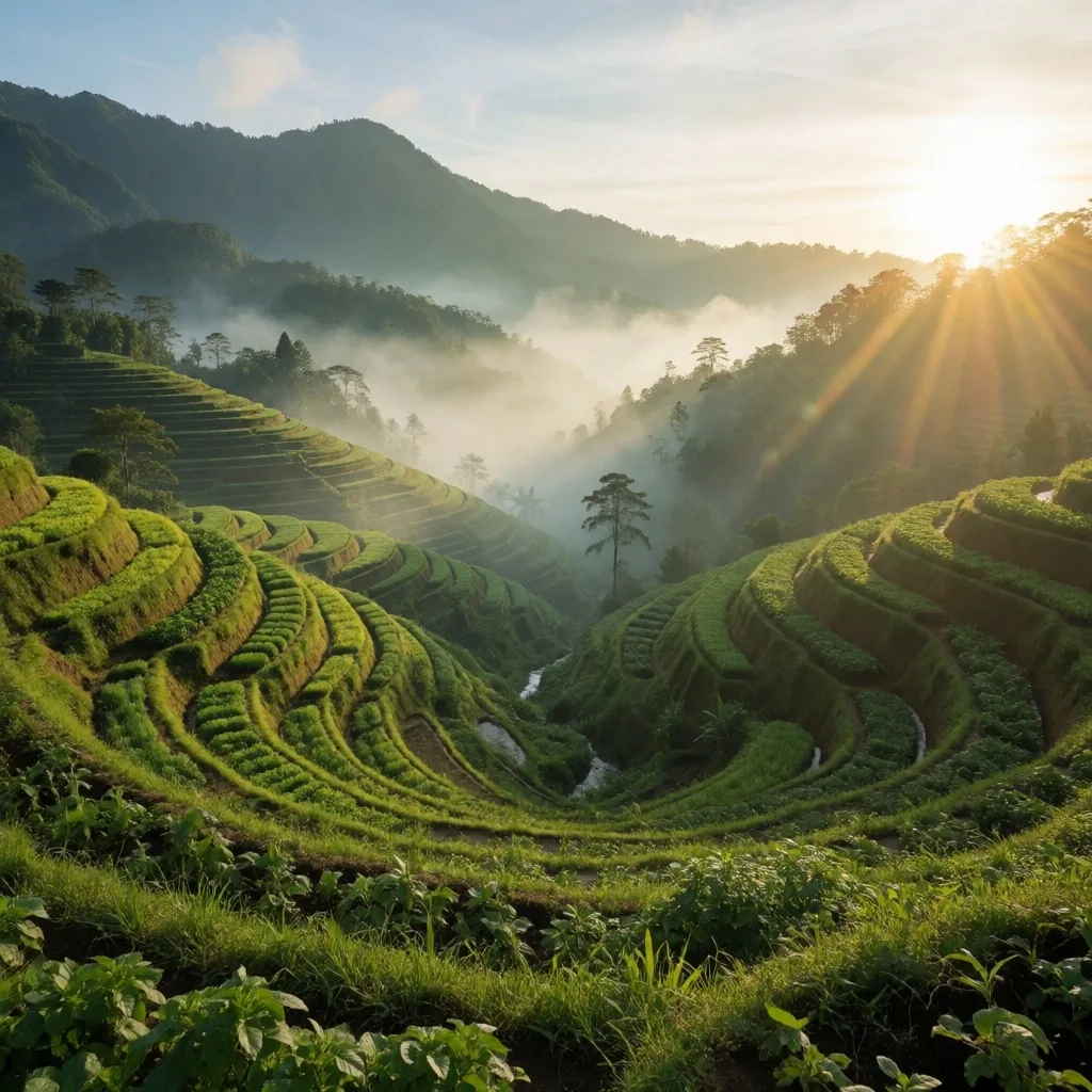 natural botanical valley at sunrise with terraced herb gardens