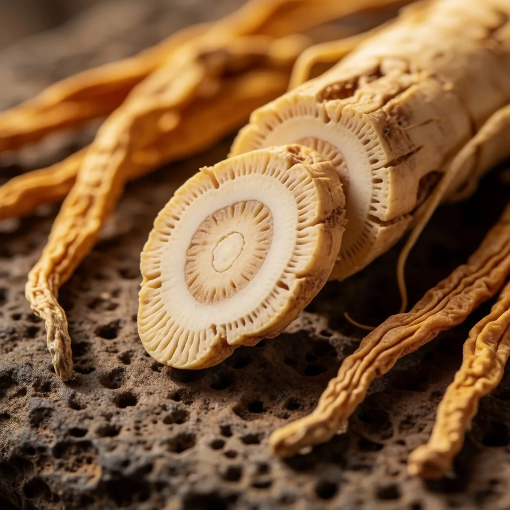 Ginseng root and cordyceps on stone