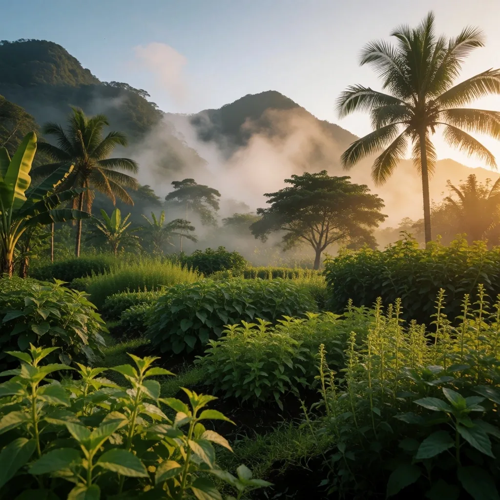 Indonesian highland herb plantation at golden hour