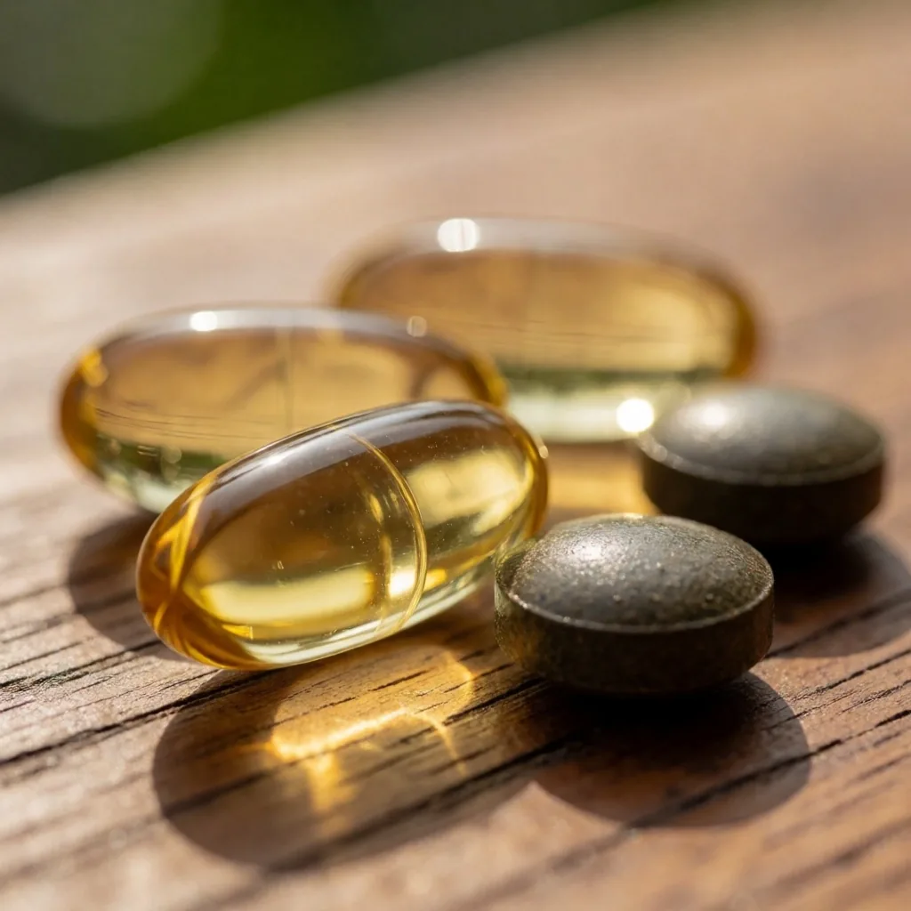 Natural supplement capsules on teak wood