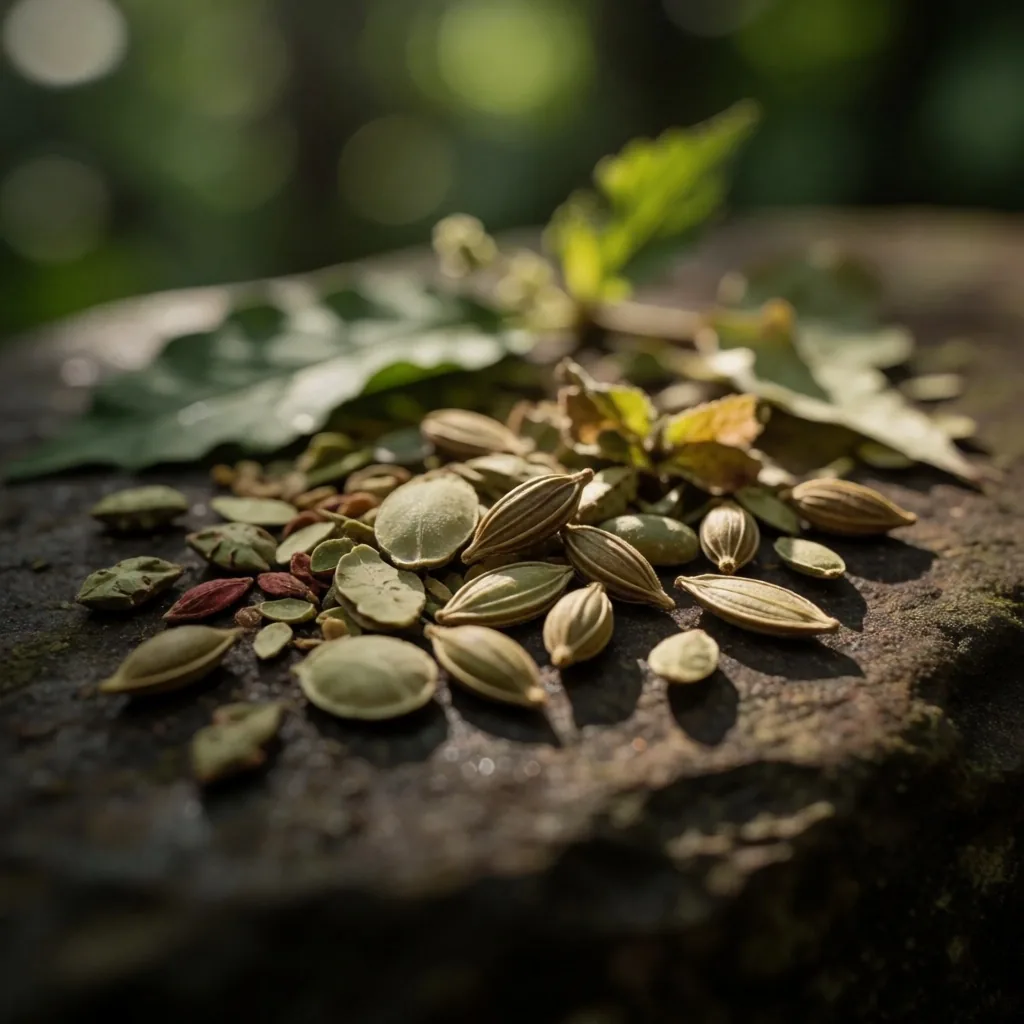 Indonesian highland botanicals on teak surface