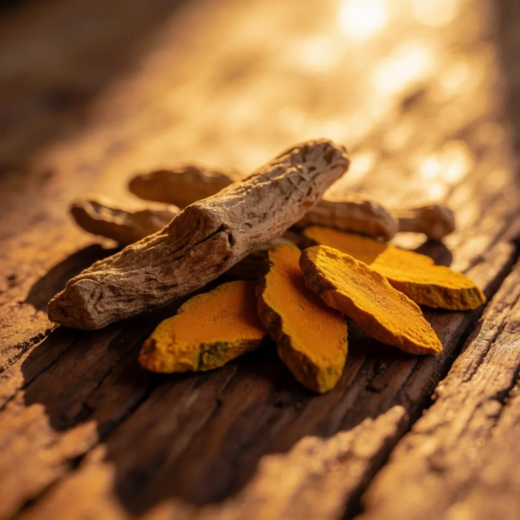 Indonesian botanical ingredients on teak surface