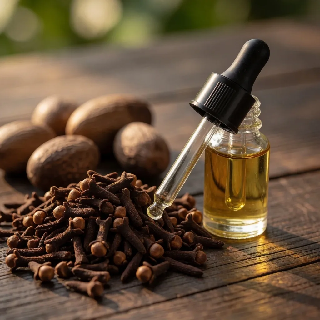 Golden botanical oil droplet on cork