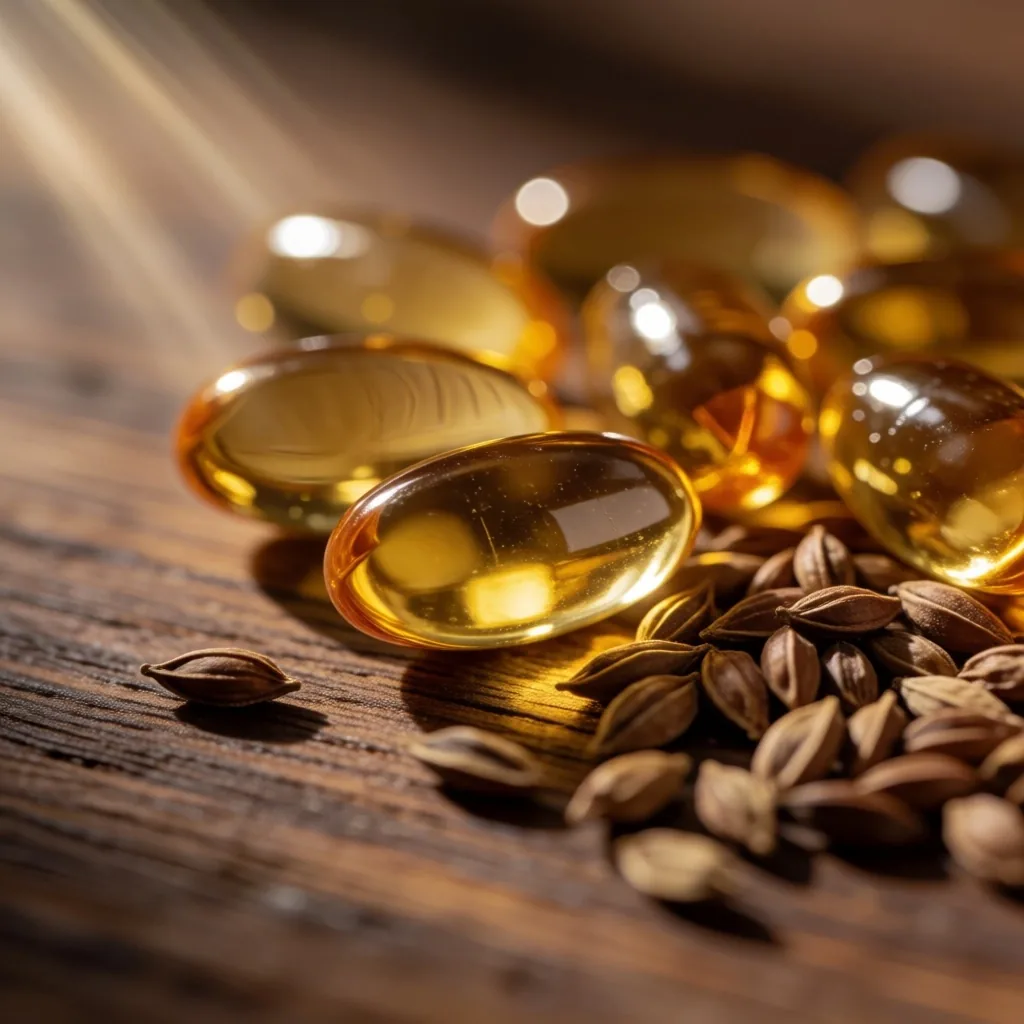 Natural supplement capsules on teak